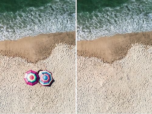 A before and after image. The image on the left is an aerial shot of two colourful umbrellas on the beach. In the image on the right, the umbrellas have been removed and evidence of the edits have been smoothed over.