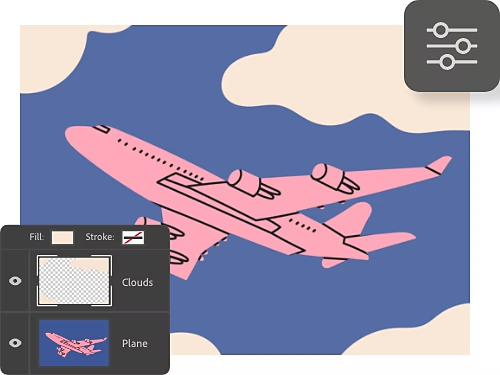 Layers panel and Properties icon superimposed on an illustration of an aeroplane in the sky.