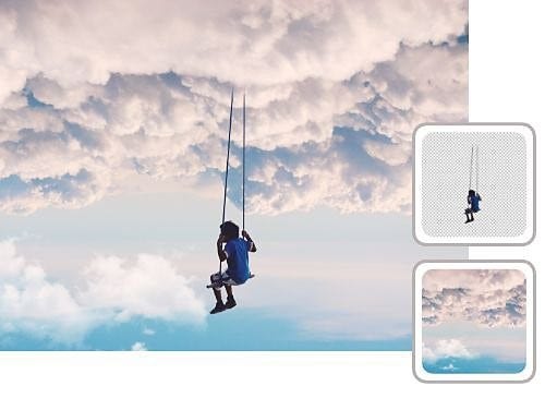An image showing a child in the sky sitting on a swing attached to the clouds. The child on the swing is one layer and the sky with clouds is a different layer.