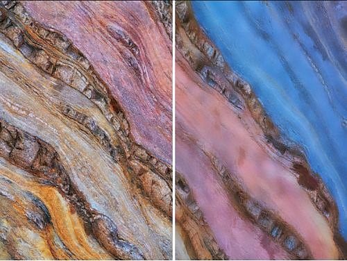 A before and after image. The image on the left shows an abstract coloured pattern with different textured elements. In the image on the right the textured elements have been smoothed out.