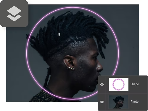 Layers panel superimposed on a photo of a person with a pink halo centred vertically around their head.