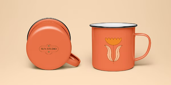 An image of an orange coffee mug that shows a business logo and graphic.