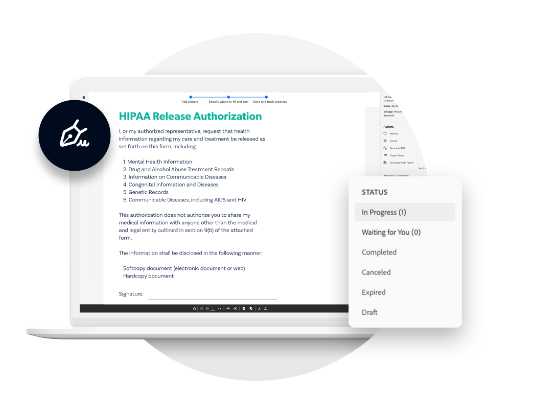 a laptop displaying a HIPPA release authorisation with a pop-up window for the status of online signatures