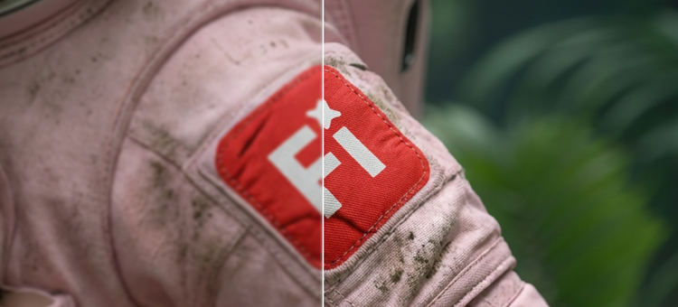 Image of a worn, mud-streaked space suit shoulder featuring a bold red square patch with a white logo. Left of center it's low-resolution, slightly blurry with muted, desaturated tones. On the right, thanks to Firefly, it's noticeably sharper with crisper edge definition, fabric weave, stitching, and texture and detail.