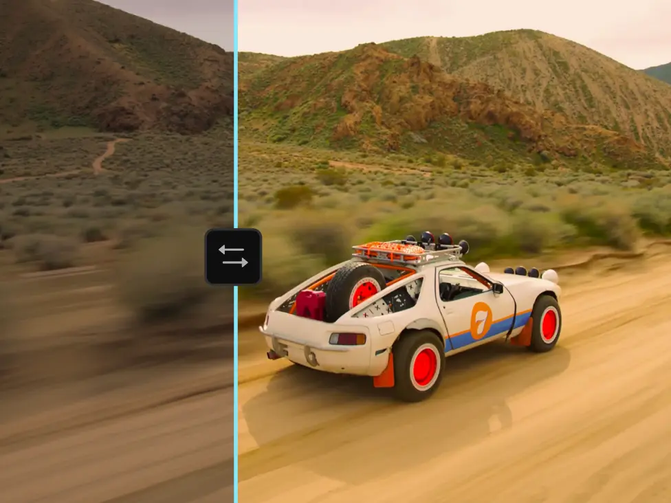 A rally car drives through a desert landscape, shown before and after color grading.