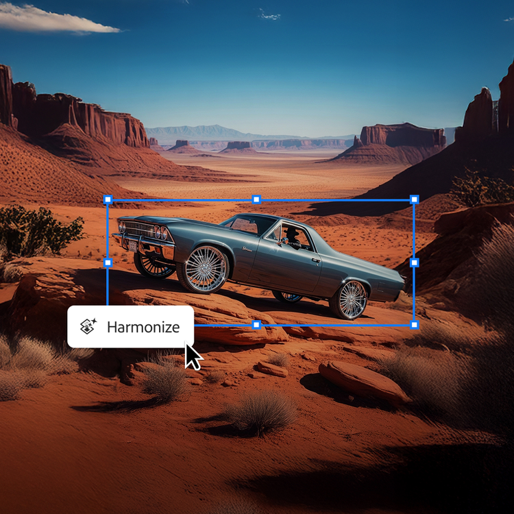A surreal image of a vintage El Camino-style muscle car with oversized chrome wheels, being expertly blended into a dramatic Monument Valley desert landscape using the Harmonize feature in Photoshop.