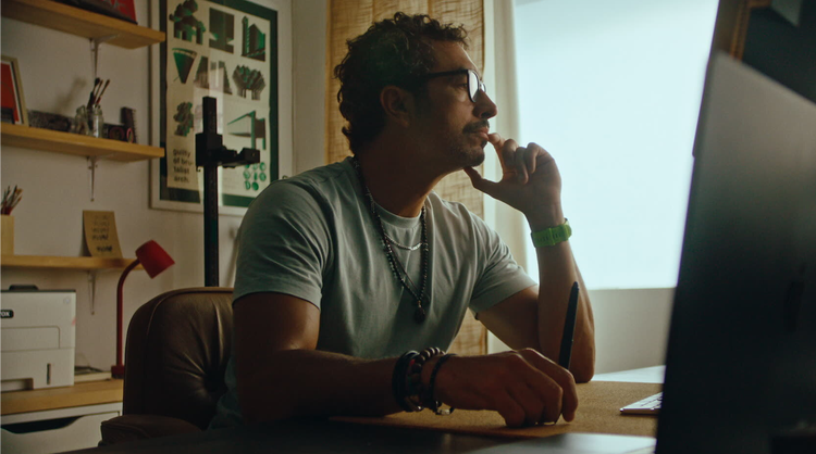 Filmmaker Antoni Sendra, staring thoughtfully at his editing workstation.
