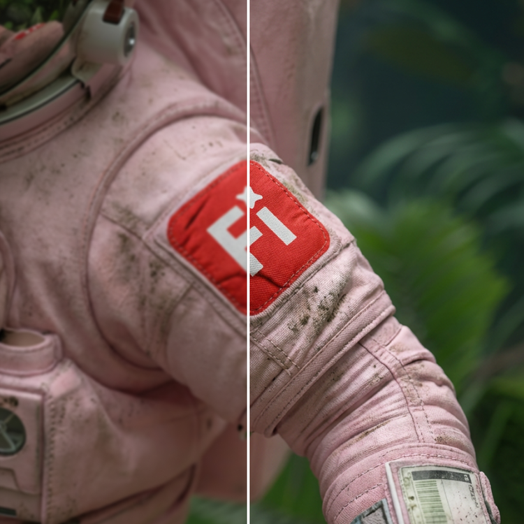 Image of a worn, mud-streaked space suit shoulder featuring a bold red square patch with a white logo. Left of center it's low-resolution, slightly blurry with muted, desaturated tones. On the right, thanks to Firefly, it's noticeably sharper with crisper edge definition, fabric weave, stitching, and texture and detail.