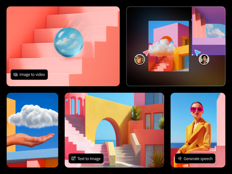 Surreal collage of colorful architecture, cloud imagery, and abstract scenes.