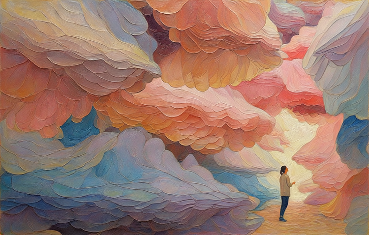 AI-generated oil painting of a woman standing in a canyon made of large, flowy, vibrant forms.