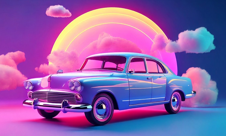 https://main--da-cc--adobecom.aem.page/cc-shared/assets/products/firefly/features/ai-video-editor/media_16dc3eba0b6113b0301fba283fc8c109157f67340.mp4#_autoplay | Retro blue car against a neon pink and yellow sunset with fluffy clouds, generated by Firefly.