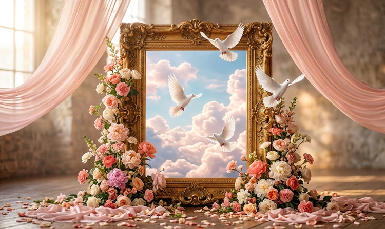 Ornate gold frame showing doves in a cloudy sky, surrounded by pink flowers and draped fabric.
