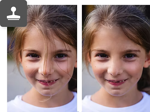 Clone Stamp tool used to remove unwanted strands of hair from a photo of a person's face.