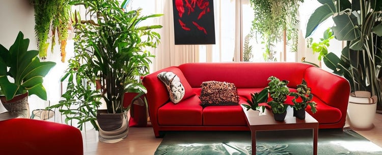 Phòng khách tràn ngập cây xanh với ghế sofa màu đỏ – so sánh kết quả giữa Firefly và DALL E