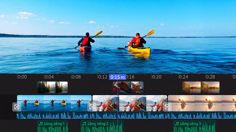 Cảnh quay những người chèo thuyền kayak với dòng thời gian chỉnh sửa video đa track.
