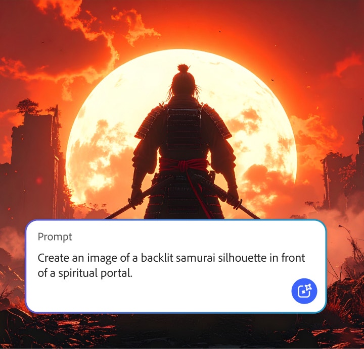 Hình ảnh do AI tạo hiển thị bóng dáng một samurai được chiếu sáng ngược trong khung cảnh hoang tàn, với một cổng tròn phát sáng, kèm lớp phủ câu lệnh Firefly mô tả cảnh được hiển thị trên toàn bộ hình ảnh.