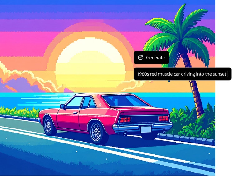 Hình ảnh pixel về một chiếc xe hơi màu đỏ đang chạy trên con đường gần bãi biển, với hoàng hôn và một cây cọ ở phía sau. Giao diện phủ trên hình ảnh hiển thị "Generate" (Tạo) và "1980s red muscle car driving into the sunset" (Xe cơ bắp màu đỏ phong cách thập niên 1980 đang lao về phía hoàng hôn).