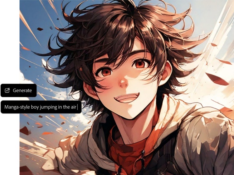 Hình anime tạo bằng AI về một cậu bé theo phong cách manga đang nhảy lên không trung, với lớp phủ là câu lệnh văn bản trong công cụ tạo anime bằng AI