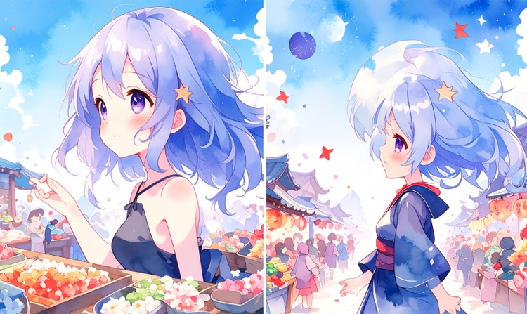 Khung hình hai góc nhìn của một nhân vật anime nữ do AI tạo ra với mái tóc oải hương tại khu chợ ngoài trời, được thể hiện bằng bảng màu pastel nhẹ và phong cách màu nước.