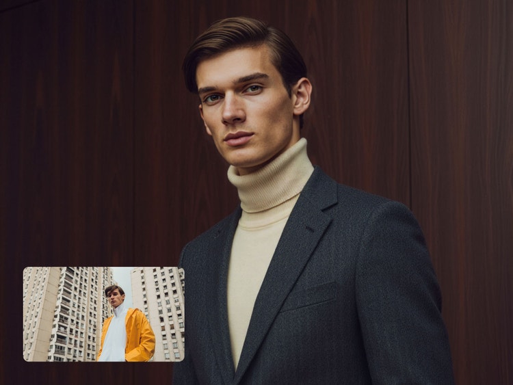 Một người đàn ông tạo dáng trong áo cổ lọ và áo blazer trước bức tường, kèm lớp phủ ảnh tham chiếu, trong đó anh mặc trang phục thường ngày trên một con phố trong thành phố.