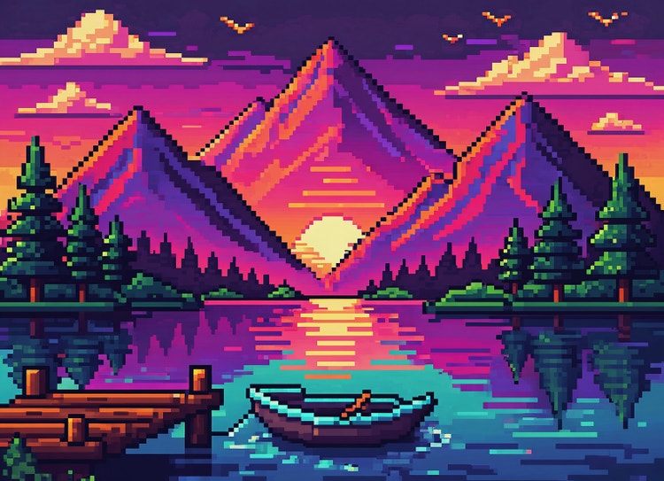 Khung cảnh nghệ thuật pixel phong cách game nhập vai, với hồ nước, cầu tàu và chiếc thuyền chèo ở tiền cảnh, phía xa là núi non, rừng thông và mặt trời đang mọc.