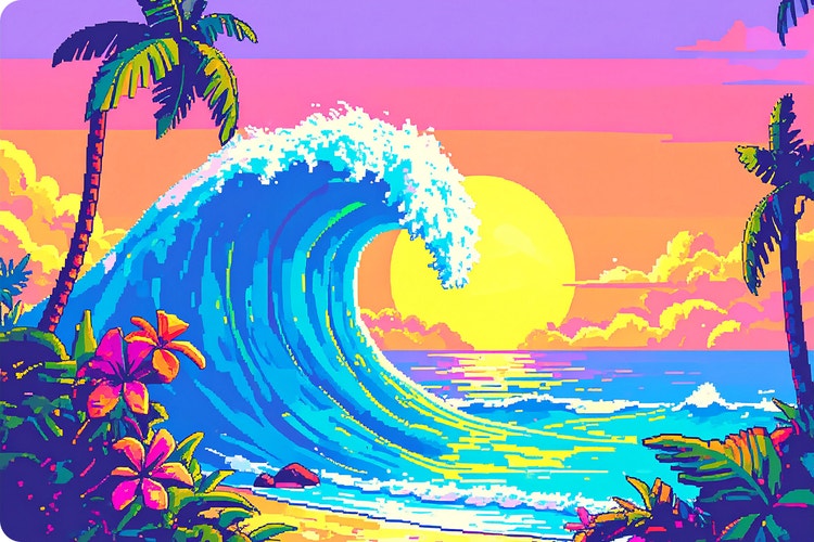 Hình ảnh nghệ thuật pixel rực rỡ sắc màu về một con sóng trên bãi biển nhiệt đới, với hoàng hôn làm nền phía sau.