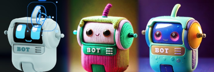 Ba biến thể tác phẩm của các nhân vật robot 3D được tạo theo phong cách retro với màu sắc rực rỡ trong công cụ tạo nghệ thuật 3D