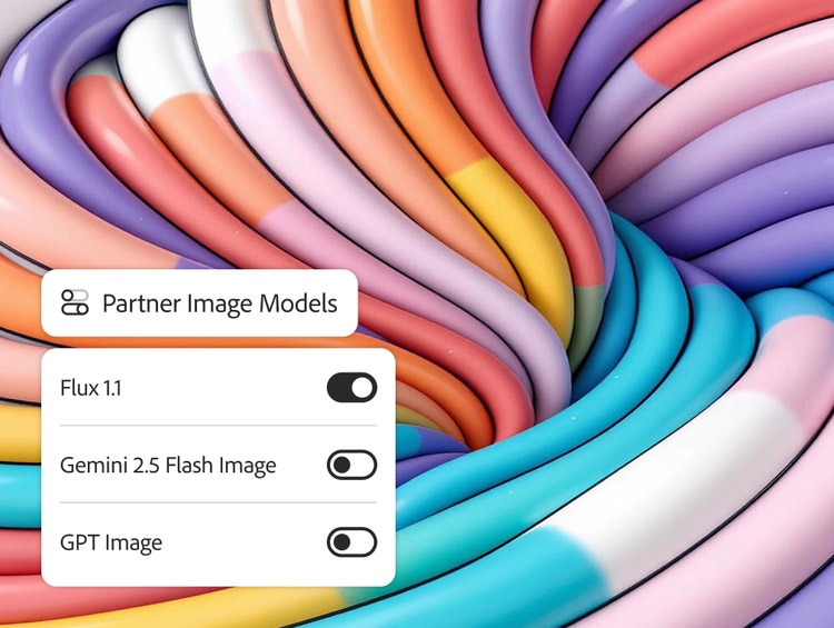 Hình ảnh do AI tạo, với những dải màu pastel uốn lượn sinh động, phía trên là tiêu đề “Partner Image Models” kèm danh sách các mô hình Flux 1.1, Gemini 2.5 Flash Image và GPT Image.