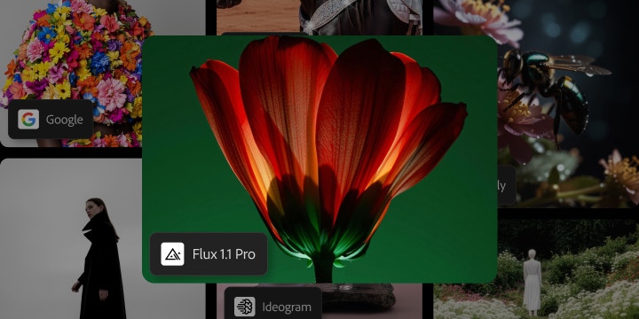 Ảnh chụp cận cảnh một bông hoa màu đỏ với những điểm nhấn màu vàng rực rỡ trên nền xanh lá, được tạo bằng Flux 1.1 Pro AI.