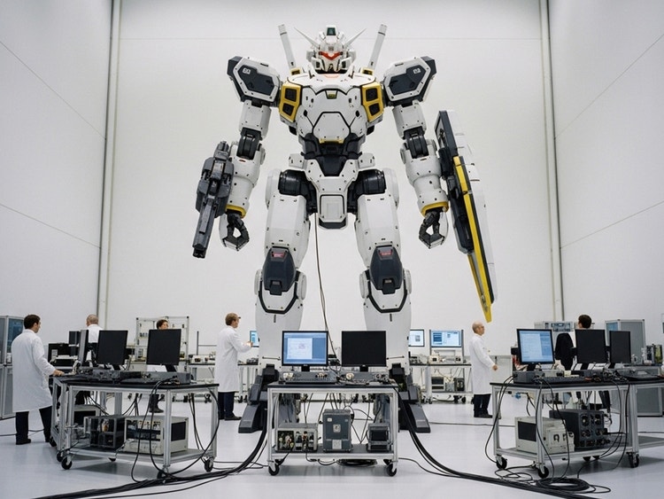 Hình ảnh do AI của Flux tạo, thể hiện một người máy hình người cỡ lớn trong phòng thí nghiệm, xung quanh là nhiều người mặc áo blouse trắng và trang phục thường nhật đang làm việc với các thiết bị máy tính.