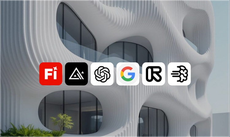 Hình ảnh do AI tạo về một toà nhà tương lai được hiển thị bên dưới các logo của những mô hình AI đối tác hiện có trong Firefly.