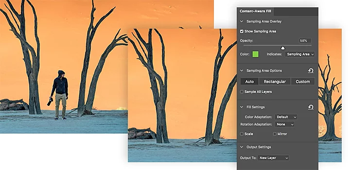 Hình ảnh một người đang bị xóa khỏi bức ảnh, với giao diện Content-Aware Fill của Adobe Photoshop đè lên trên.