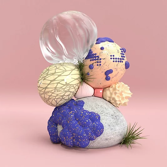 Tác phẩm nghệ thuật 3D trừu tượng với các quả cầu có nhiều chất liệu và kết cấu khác nhau xếp chồng lên nhau.