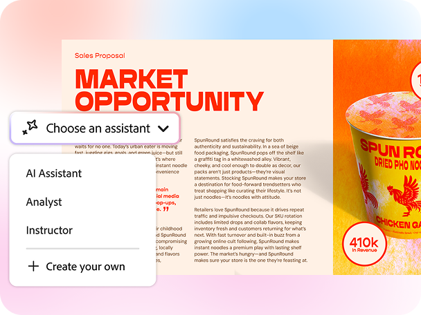 A sales proposal screenshot with an AI assistant menu and an option to choose an AI Assistant, Analyst or Instructor.