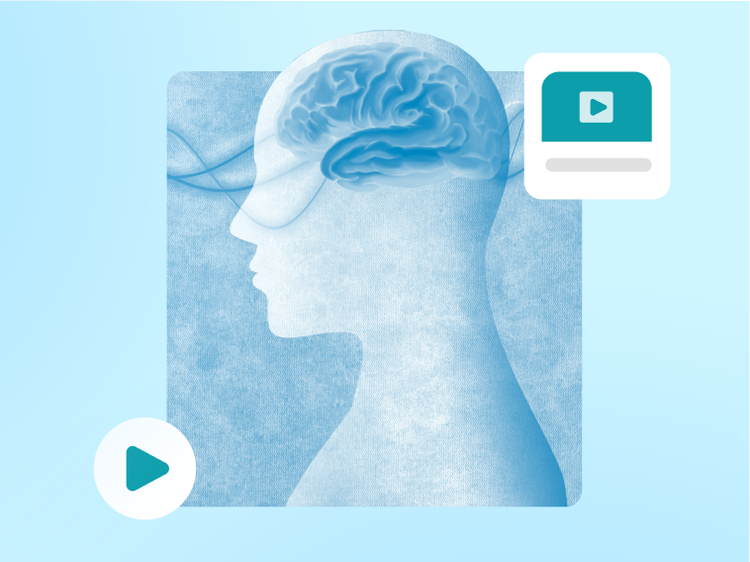 Blue illustration of a person's profile with a brain and brain waves. Play button in the lower left. Video icon in the upper-right.