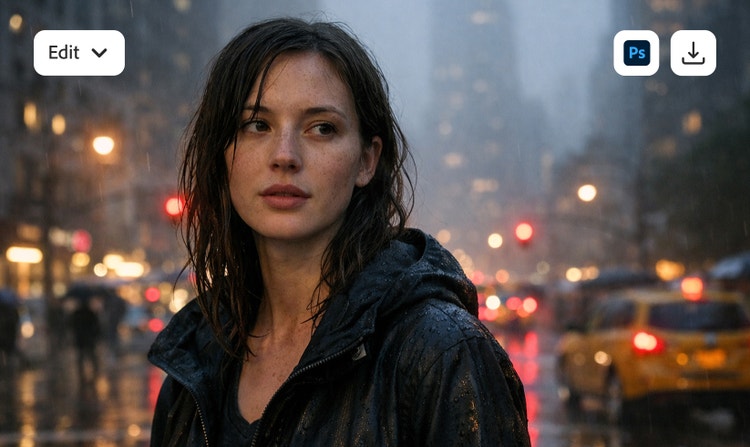 An AI-generated image of a young woman on a rainy city street displayed behind options to edit, open in Photoshop or download.