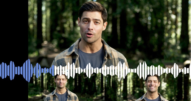 Man speaking in a forest setting with AI generated audio waveform overlay demonstrating AI dubbing technology.