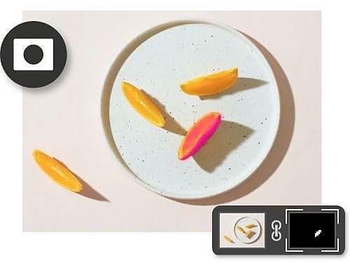 The colour of an orange slice on a plate is edited using a layer mask in Adobe Photoshop with icons overlaid