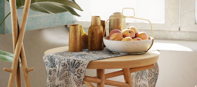 rendering of a bowl of peaches and drinking containers on a table