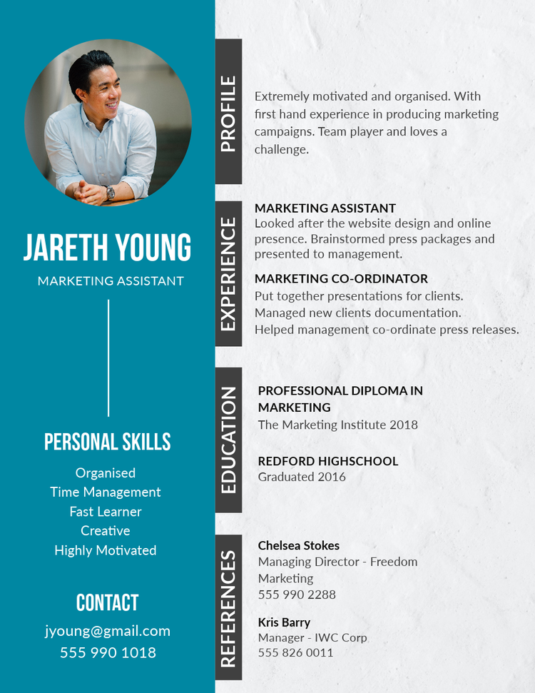 Turquoise and white graphic design CV being edited in Adobe Express.