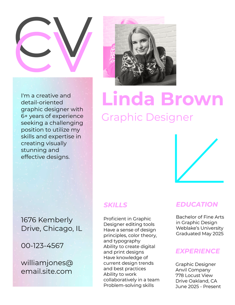 White CV, with a headshot and pink highligths, being edited in Adobe Express.