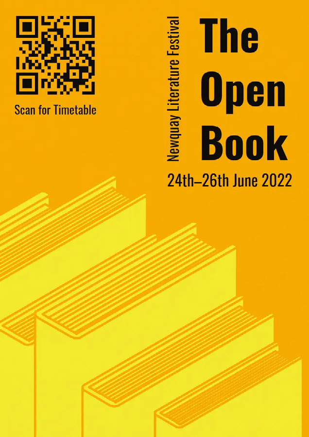 A QR code poster for The Open Book: Newquay Literature Festival, prompting people to scan the QR code for the timetable
