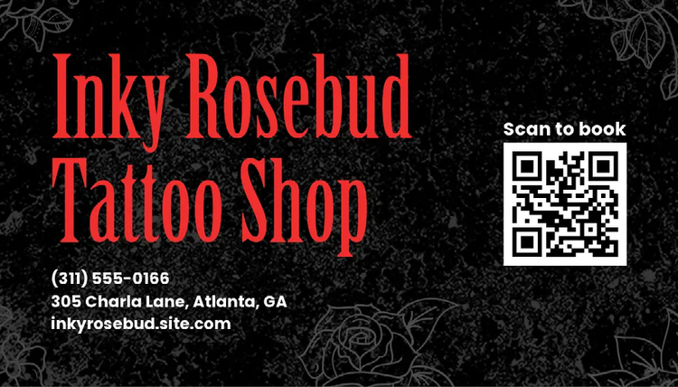 A QR code business card for Inky Rosebud Tattoo Shop prompting people to scan the QR code to book an appointment